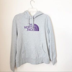 The North Face Women's Light Gray Hoodie with Purple Logo